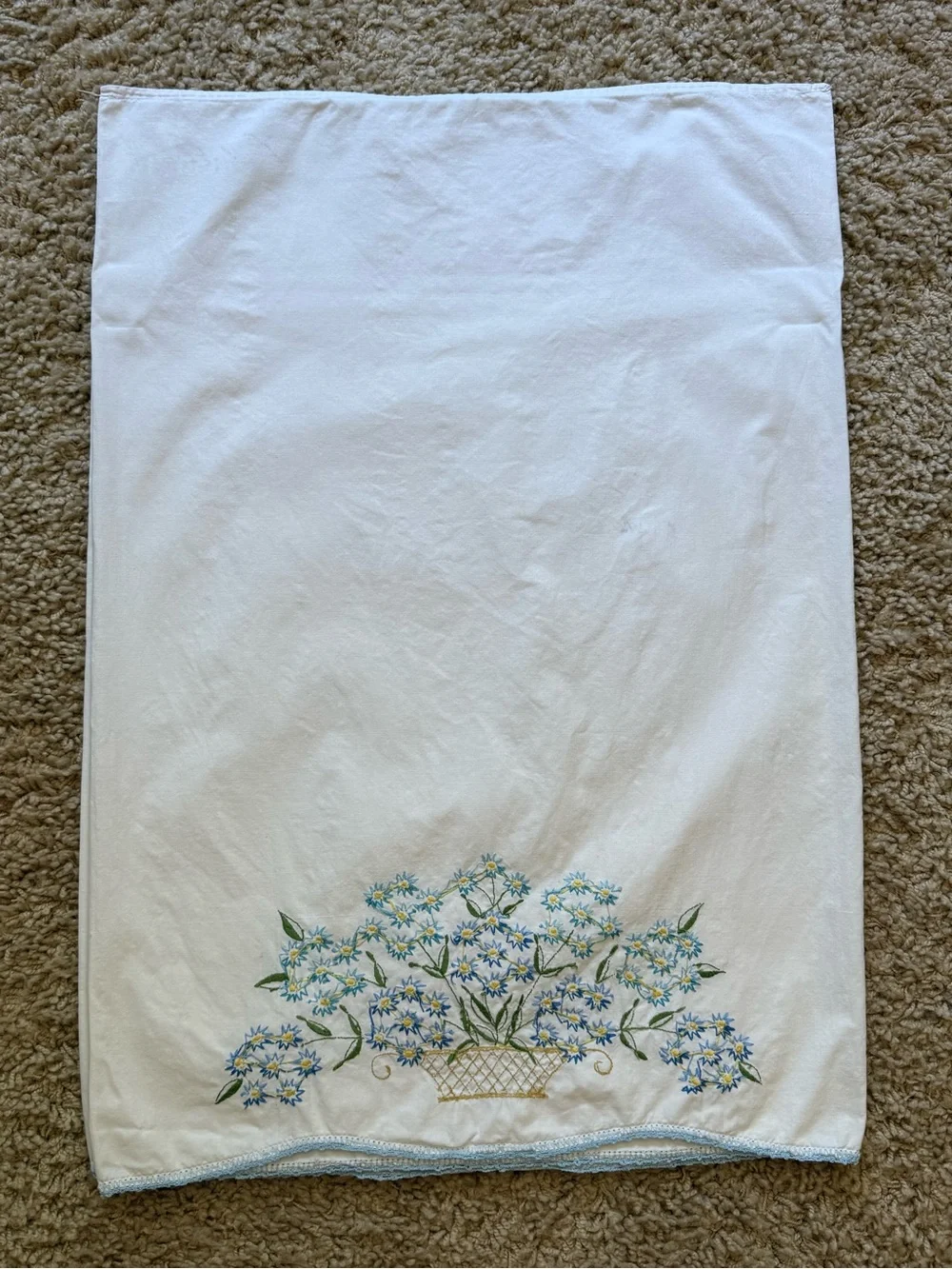 VTG Pair Embroidered Pillowcases Blue Flower Basket Cottagecore Crochet Edge